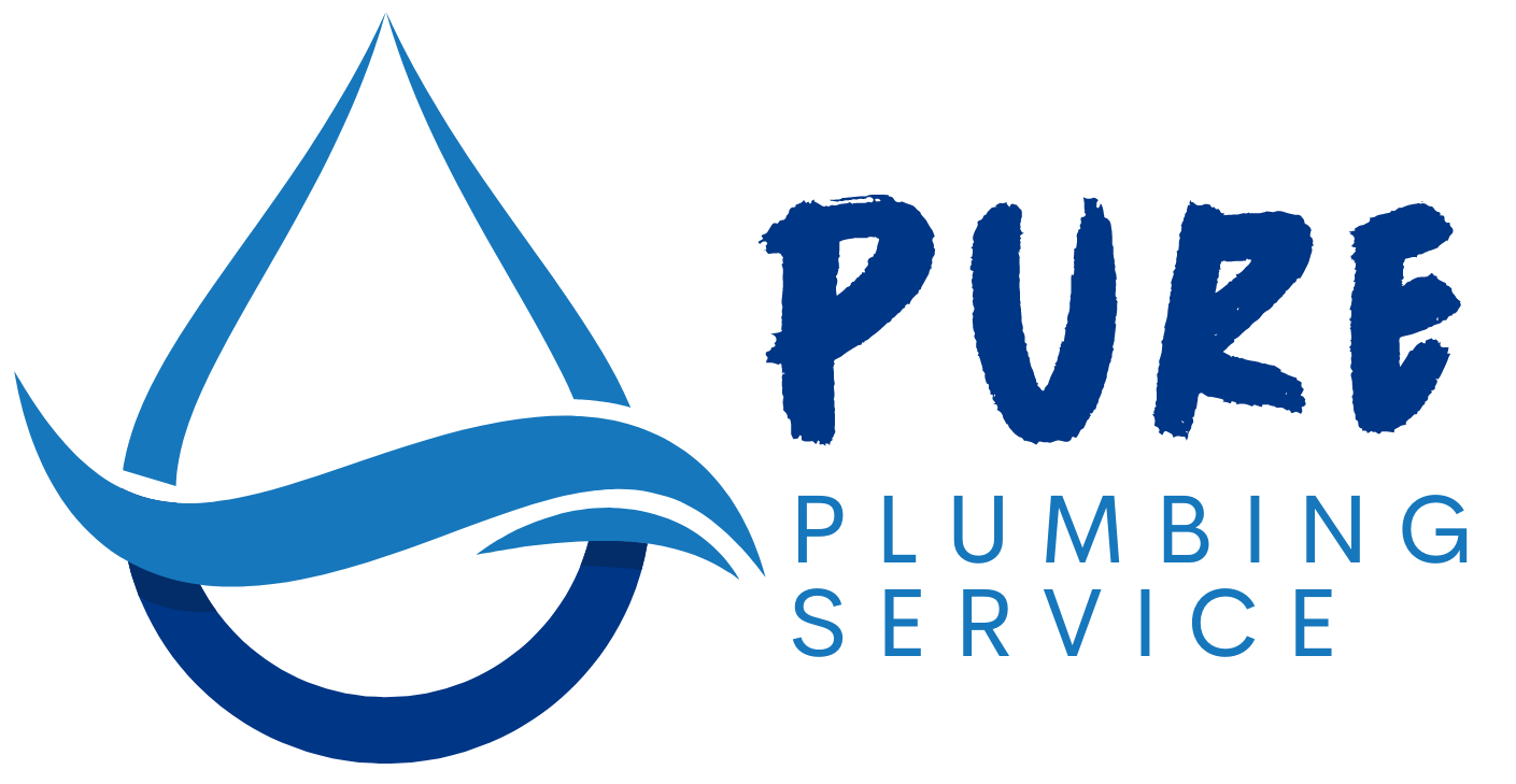 The logo for pure plumbing service shows a drop of water and a wave.