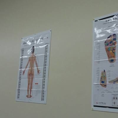 A poster of a woman 's back and a poster of a foot are hanging on a wall.