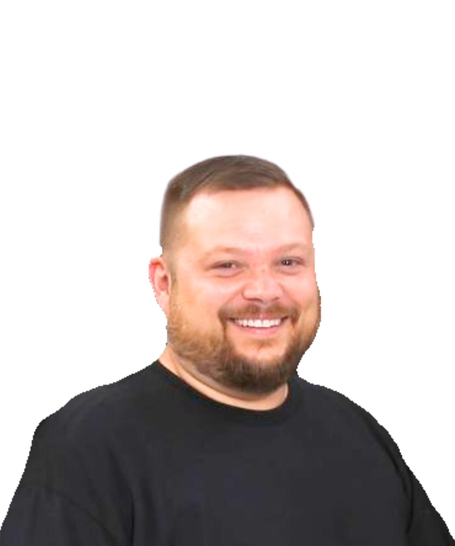 A man with a beard is wearing a black shirt and smiling.