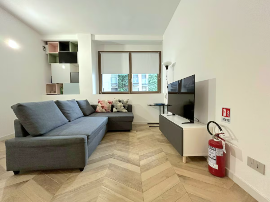 Soggiorno con divano componibile grigio, TV ed estintore vicino a una finestra.