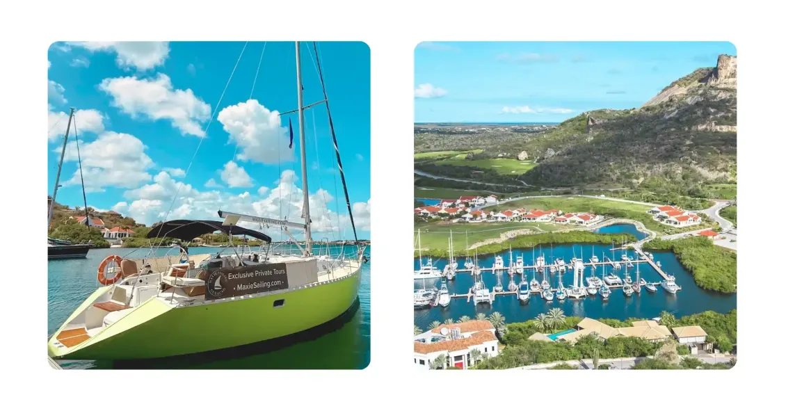 Sailboat Galaxie docked at the private Seru Boca Marina