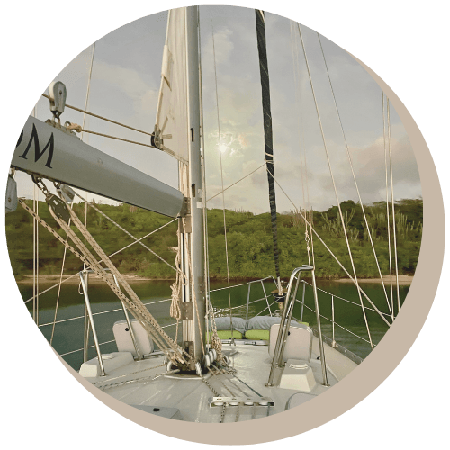 A sailboat deck with sails up, facing lush green foliage on might sky with moon
