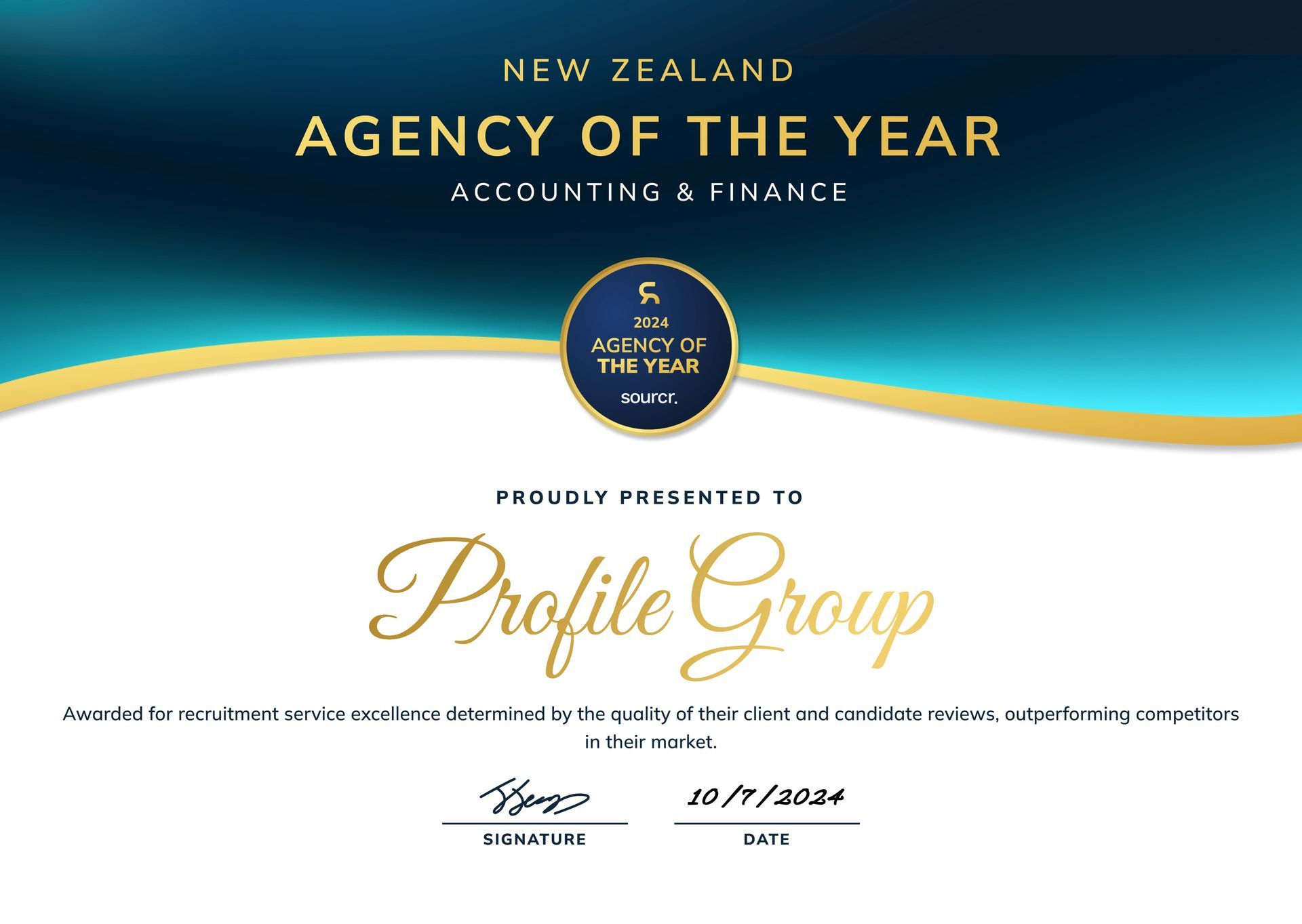 Certificate for Profile Group: New Zealand Agency of the Year in Accounting & Finance, with gold and blue design.