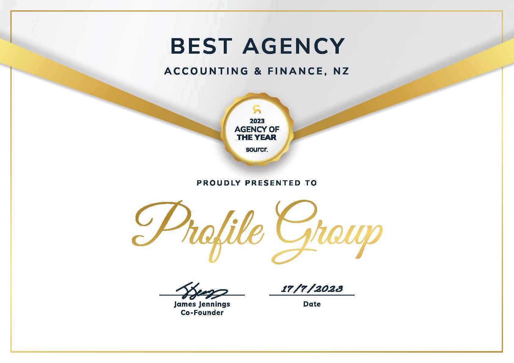 Certificate for Profile Group: Best Agency, Accounting & Finance, NZ, Agency of the Year 2020. Gold and white design.