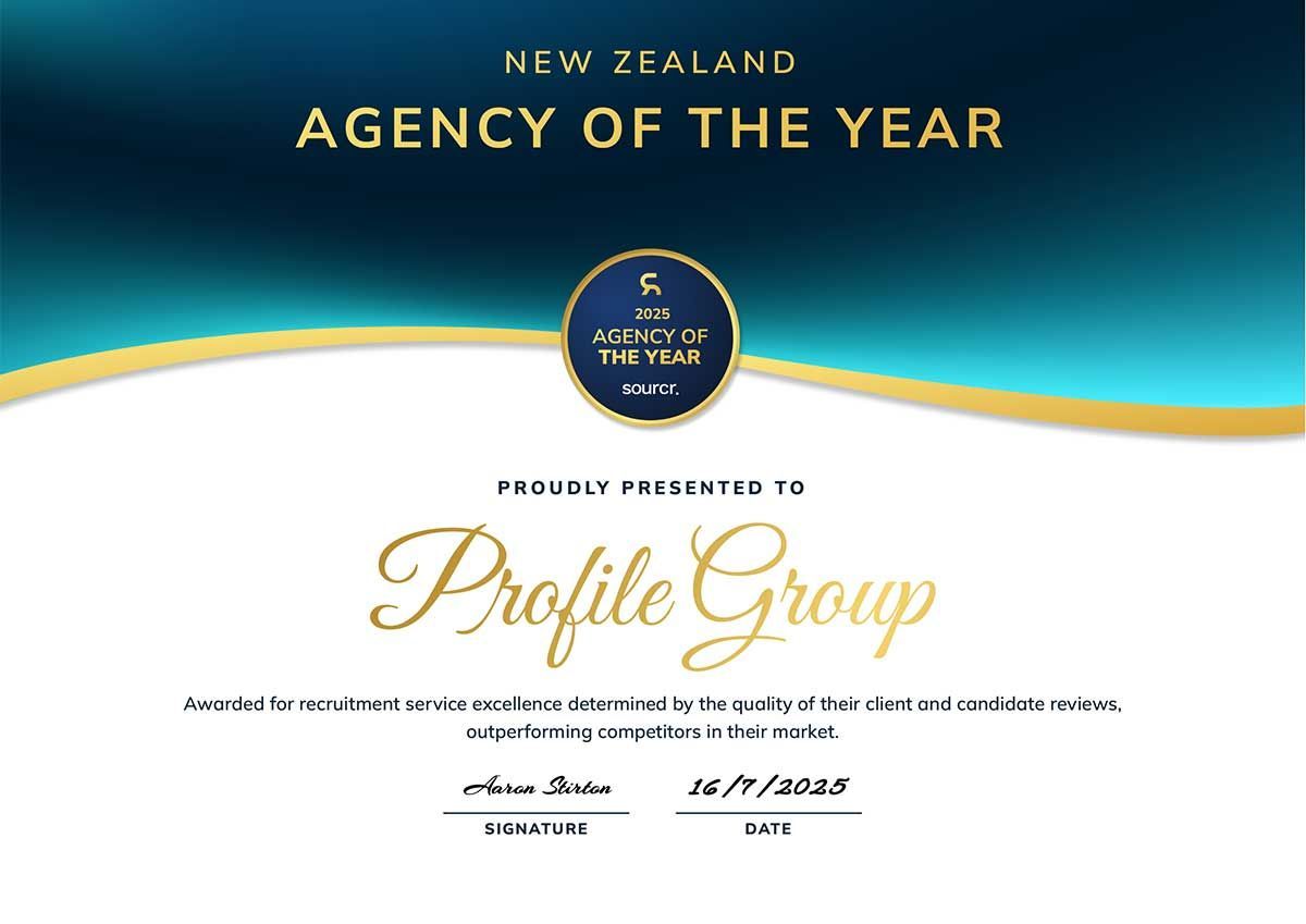 Certificate for Profile Group: New Zealand Agency of the Year, blue and gold design, awarded on 26/11/2023.