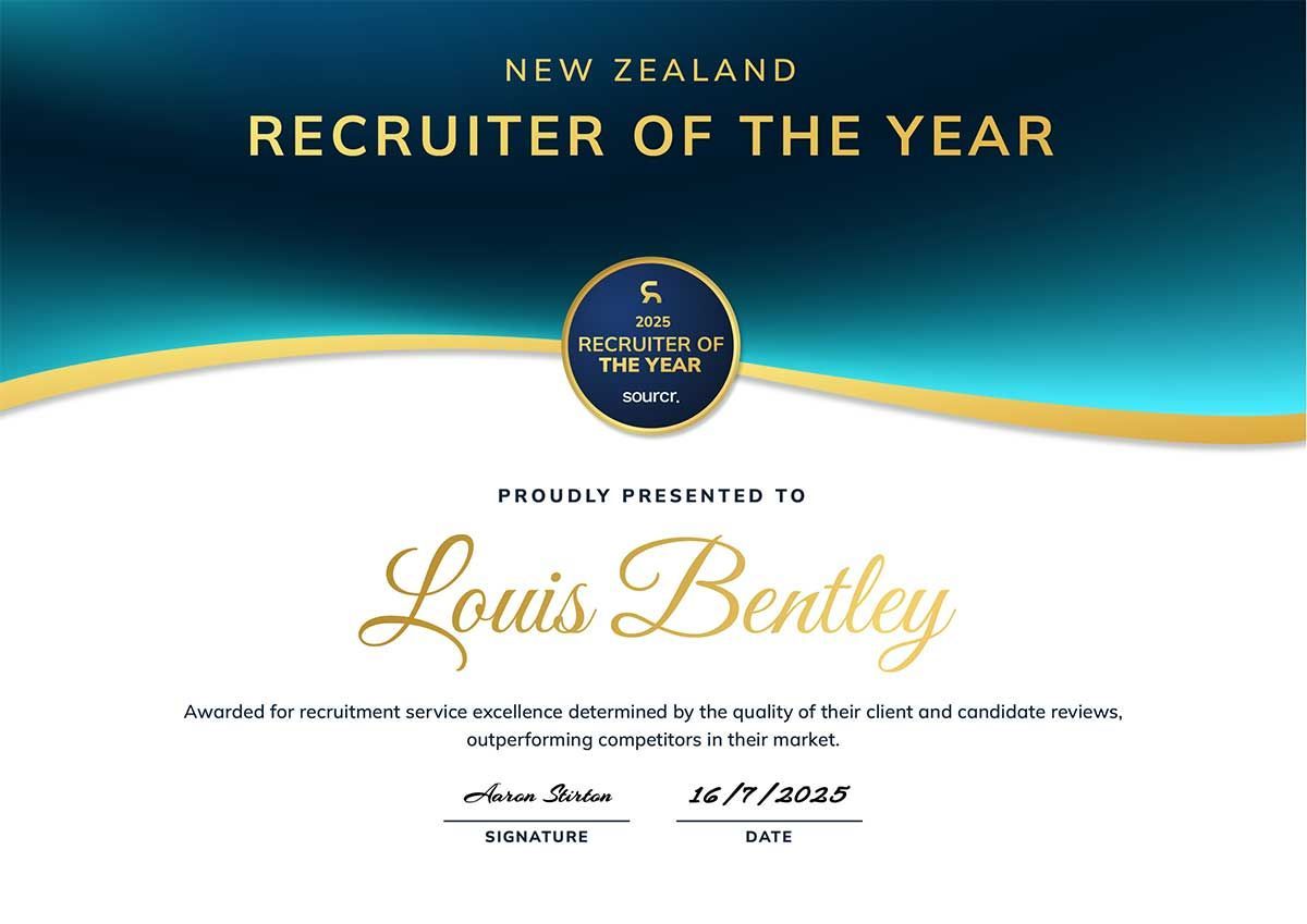Certificate: New Zealand Recruiter of the Year, awarded to Louis Bentley. Blue and gold design, dated 26/07/2023.