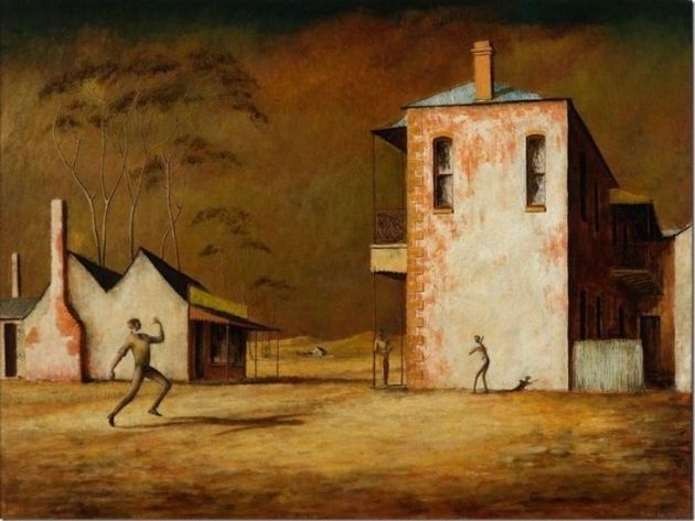 a painting of a man running in front of a building
