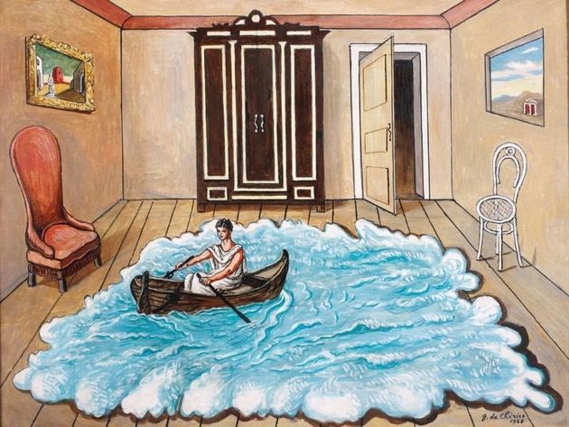 a painting of a man in a boat in a room
