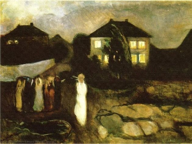 a painting of a group of people standing in front of a house
