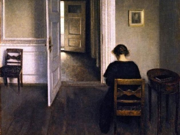 a painting of a woman sitting in a chair in a room