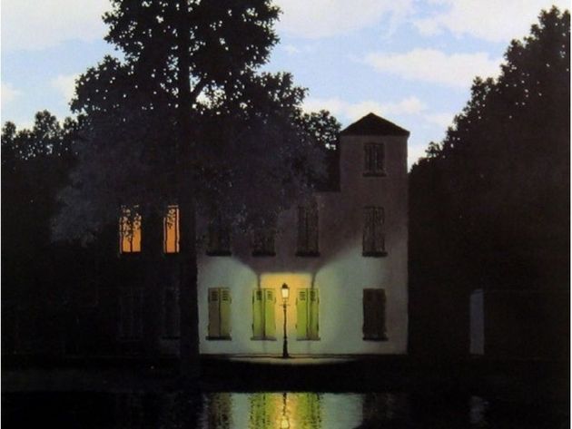 a painting of a house with a lamp post in front of it