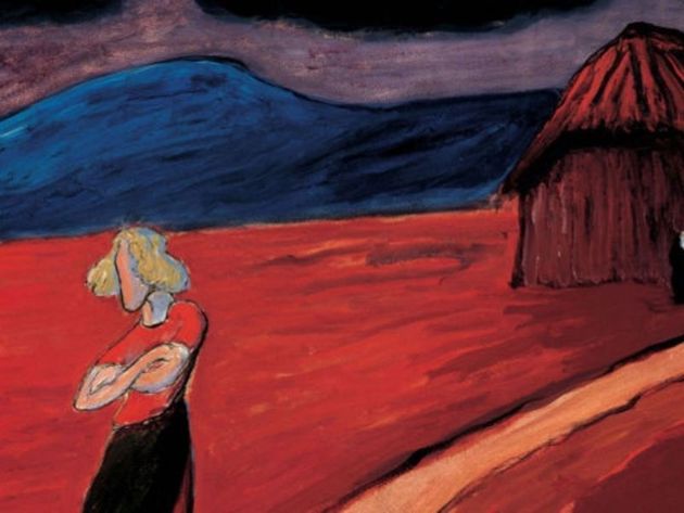 a painting of a woman standing in a field with a hut in the background