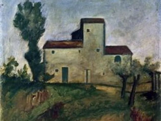 a painting of a house with a red roof and trees in the background .