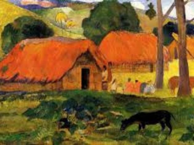 a painting of a village with thatched roofs and a cow in the foreground .