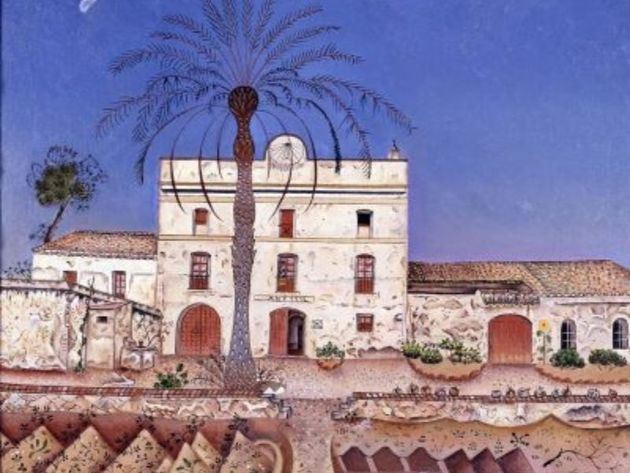 a painting of a building with a palm tree in front of it
