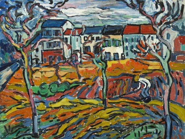 a colorful painting of a village with houses and trees