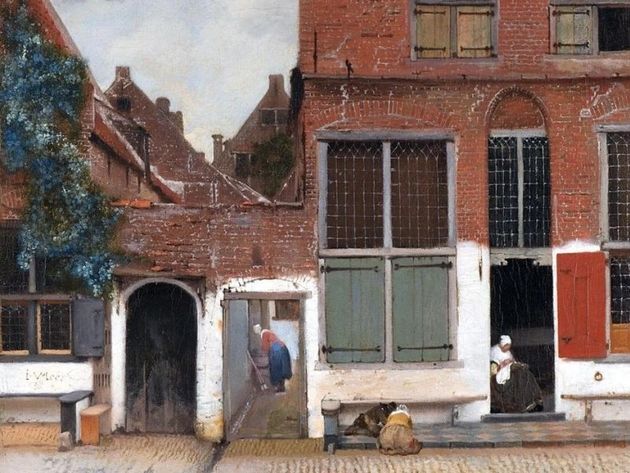 a painting of a brick building with green shutters