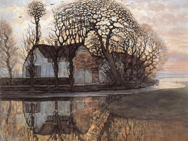 a painting of a house and trees reflected in the water