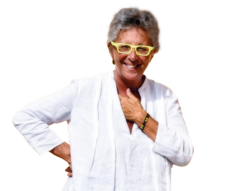 a woman wearing glasses and a white shirt is smiling