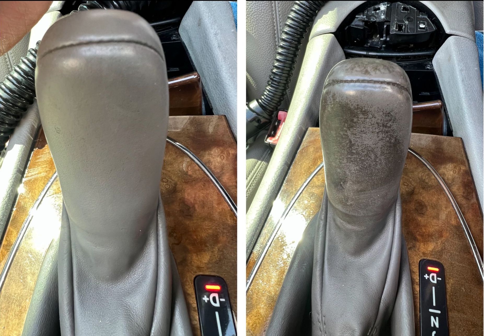 A before and after picture of a car shifter
