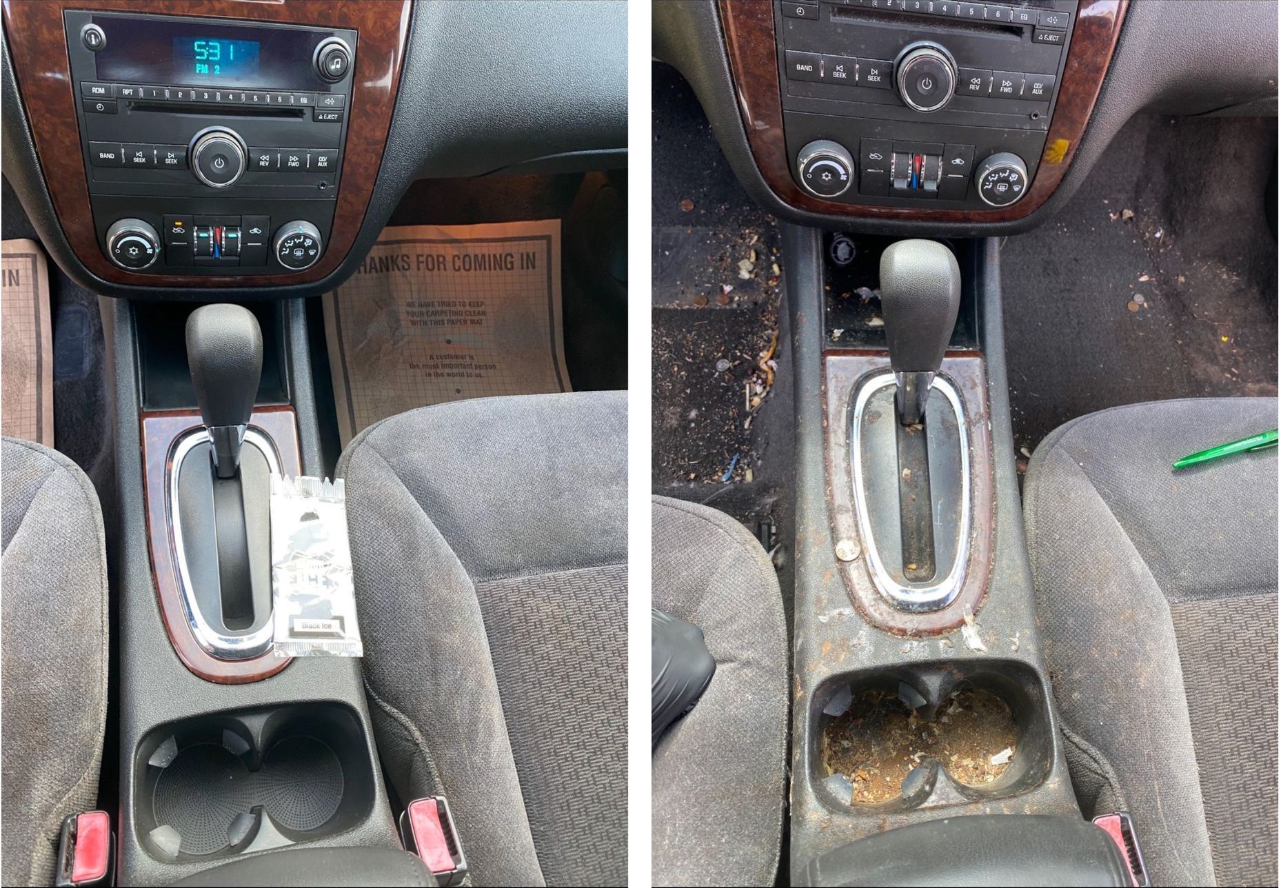 A before and after picture of a car 's interior.