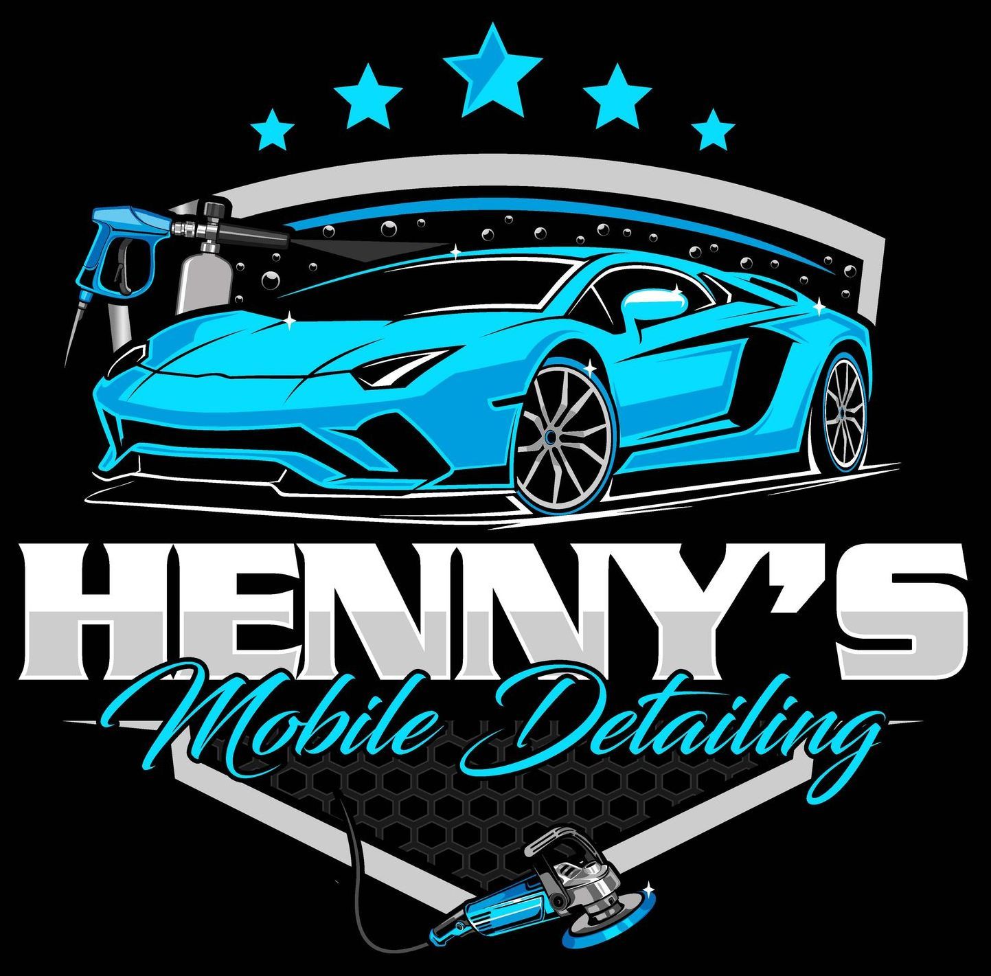 A logo for henny 's mobile detailing with a blue lamborghini on a black background.