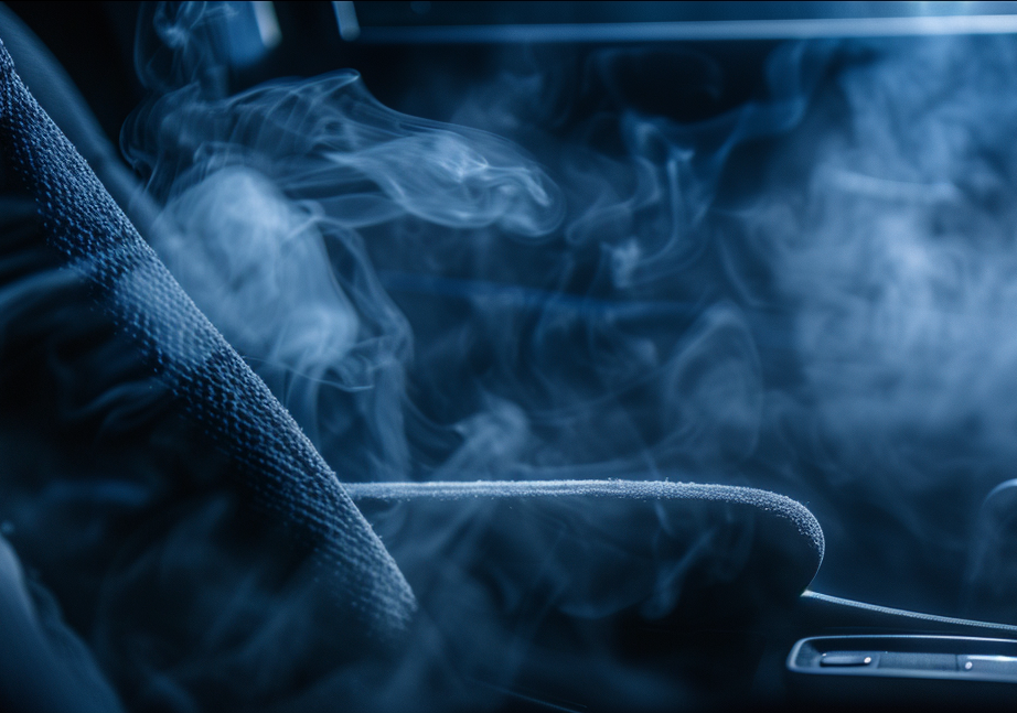 A car seat with smoke coming out of it.