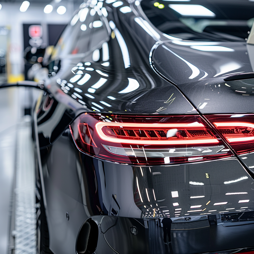 A close up of the back of a black car with red lights.