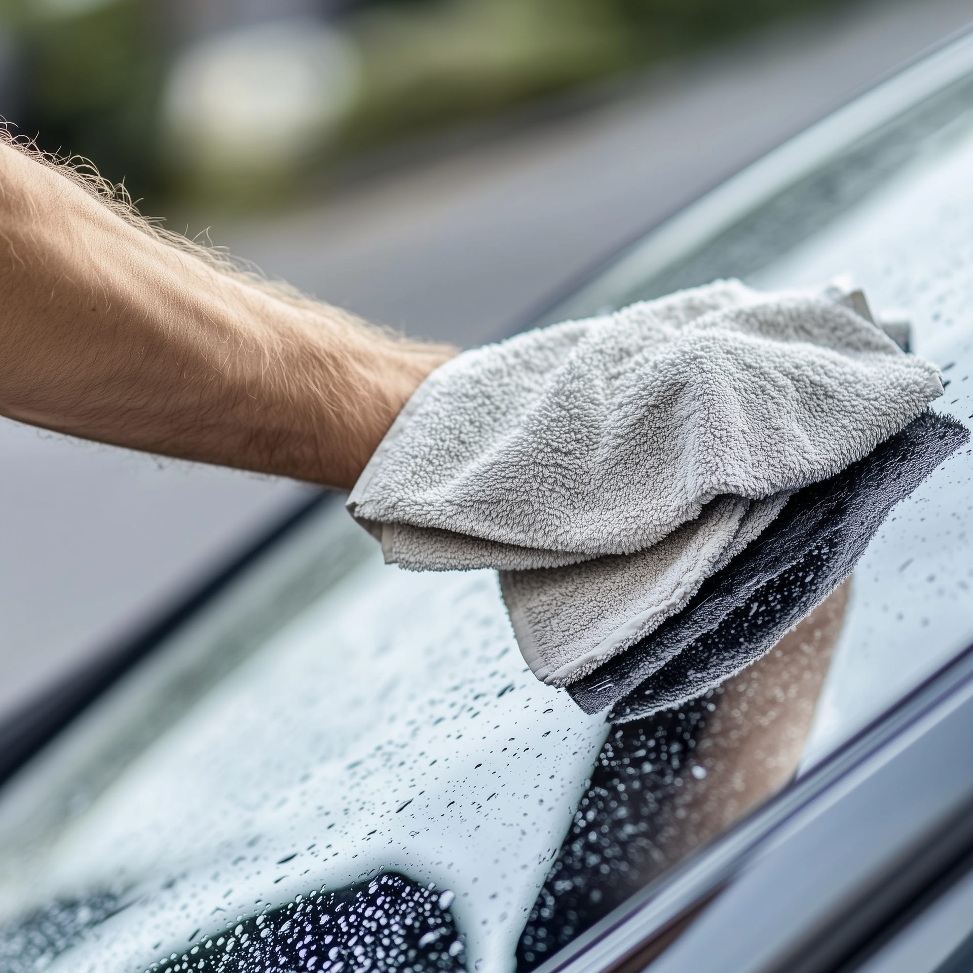 A person is cleaning a car with a towel