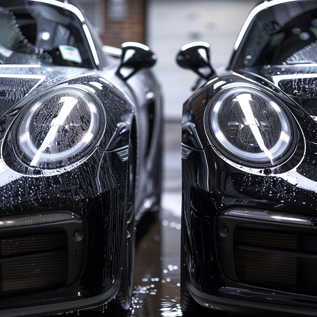 Two black sports cars are parked next to each other in a garage.