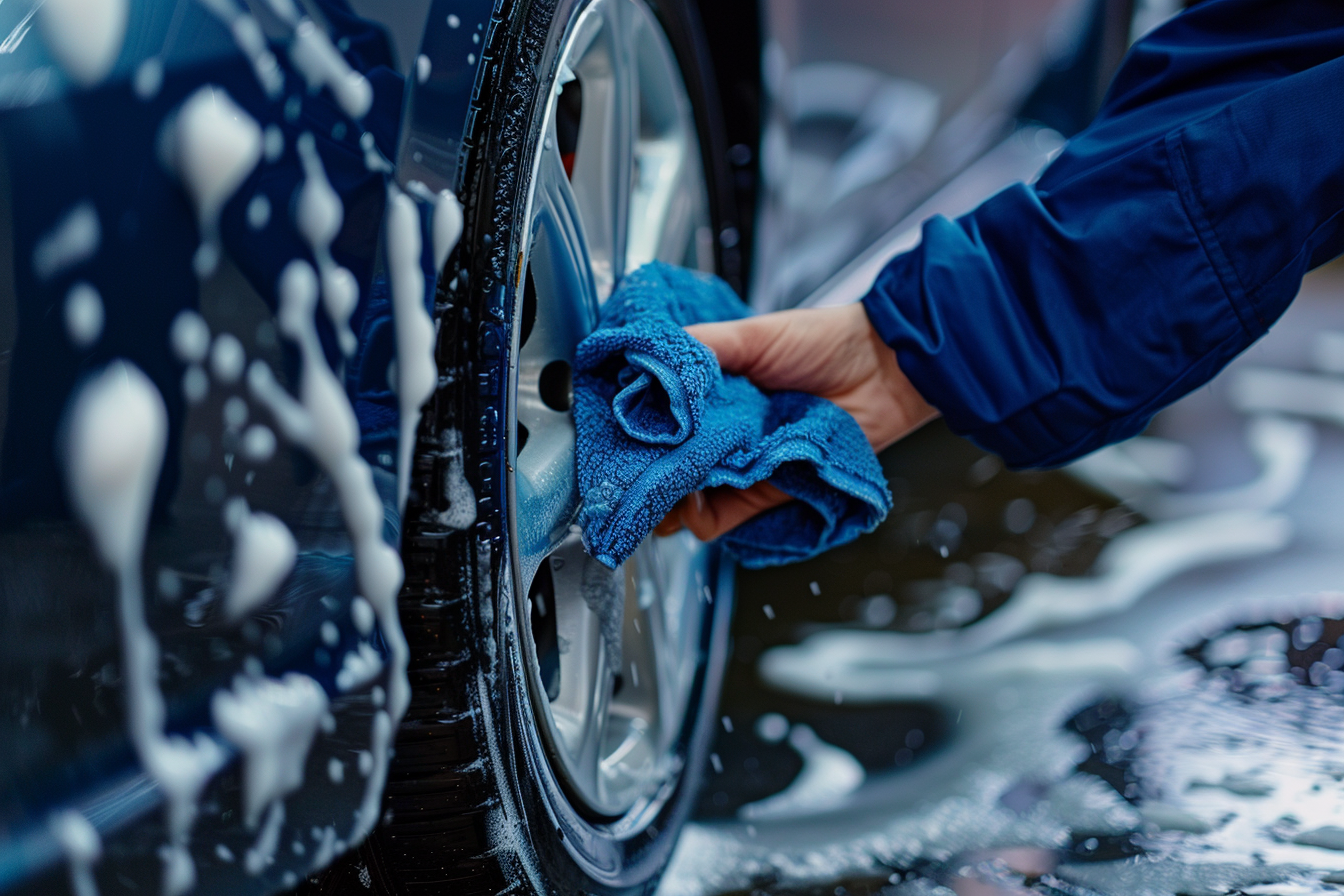 A person is cleaning a car wheel with a blue towel.