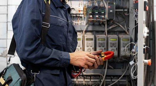 An electrician is using a multimeter to test a circuit board.