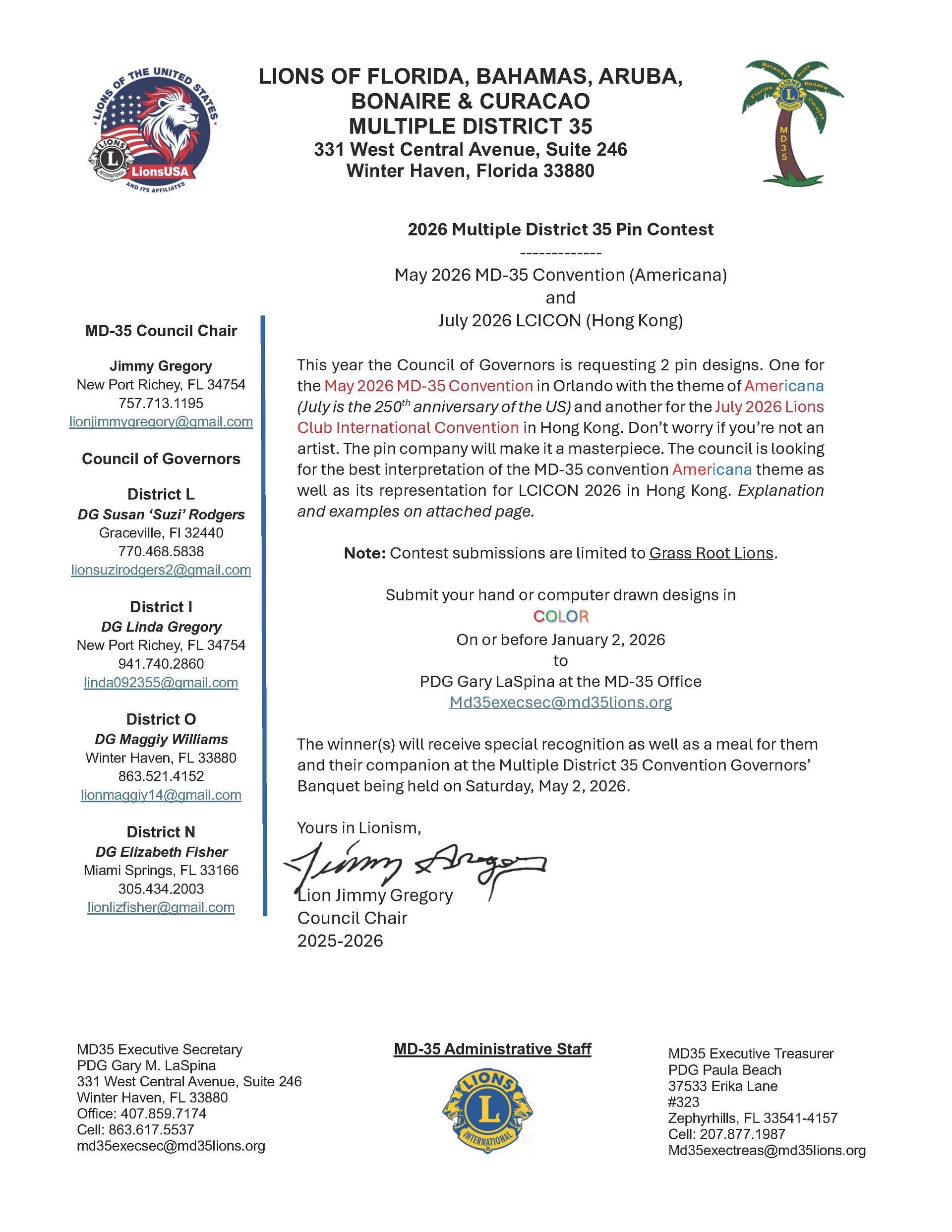 Official letterhead for Lions Club in Florida, announcing upcoming district convention. Includes logos and contact info.