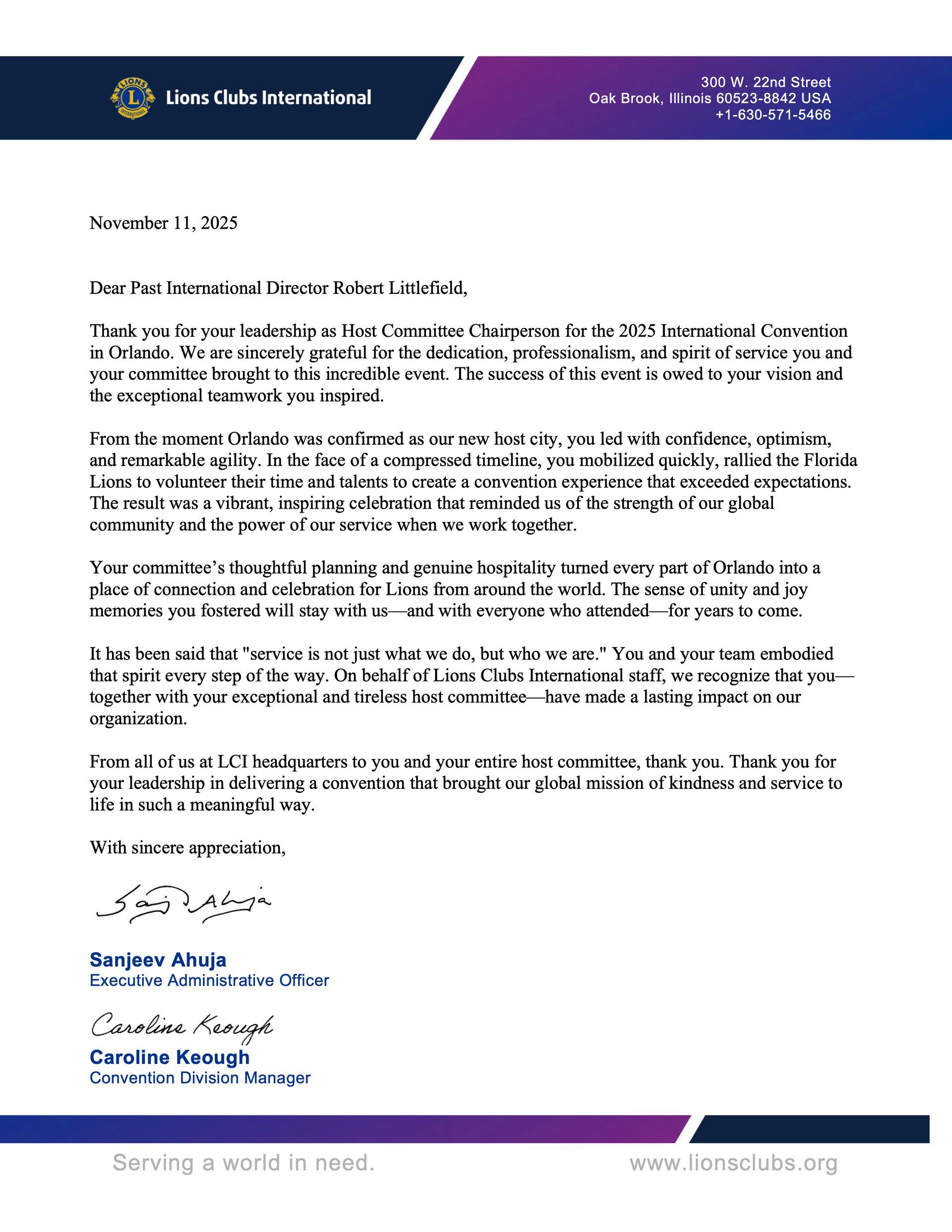 Letterhead with text, signature, and three names, using blue, purple, and white colors.