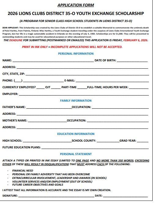 A black and white application form for a youth exchange scholarship.