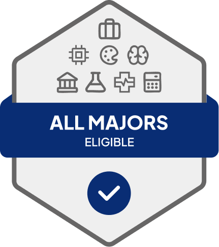 Badge with blue banner: 