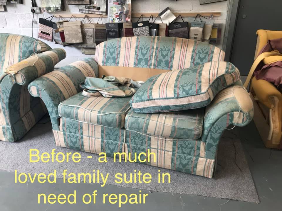 Sofa with green and pink striped upholstery