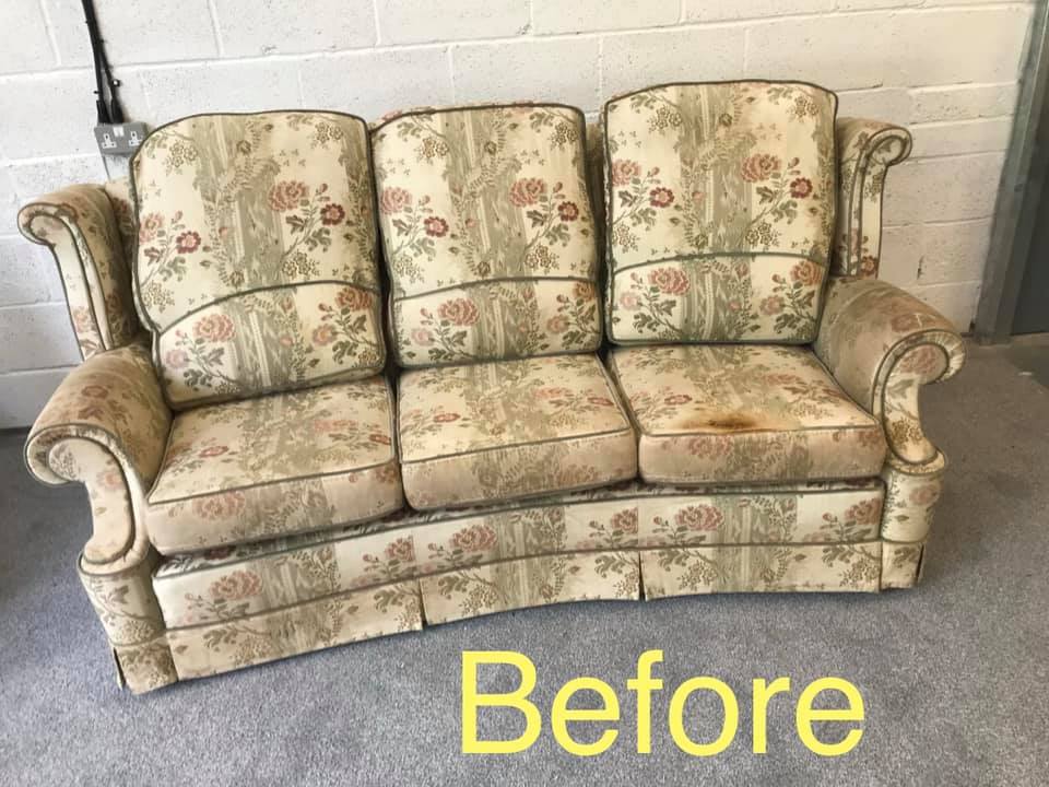 Patterned sofa against a wall