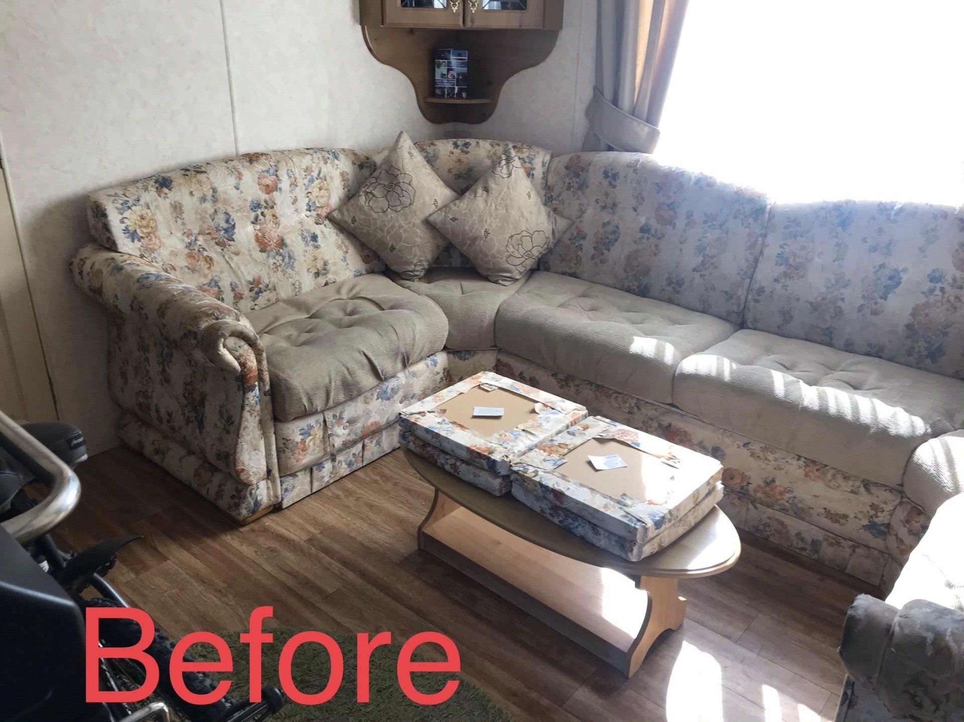 Before picture of the corner of a floral corner set