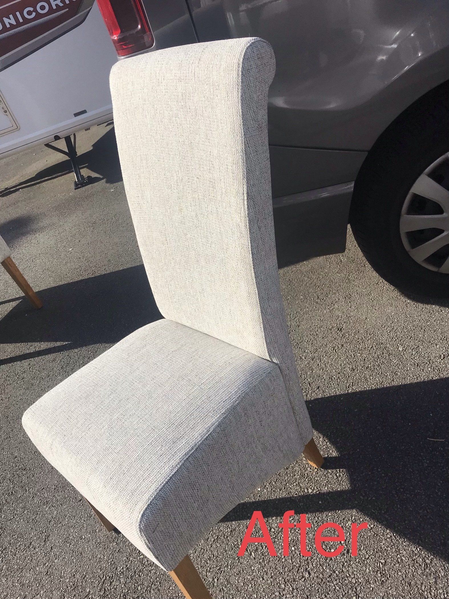 Side angle of a white chair outside
