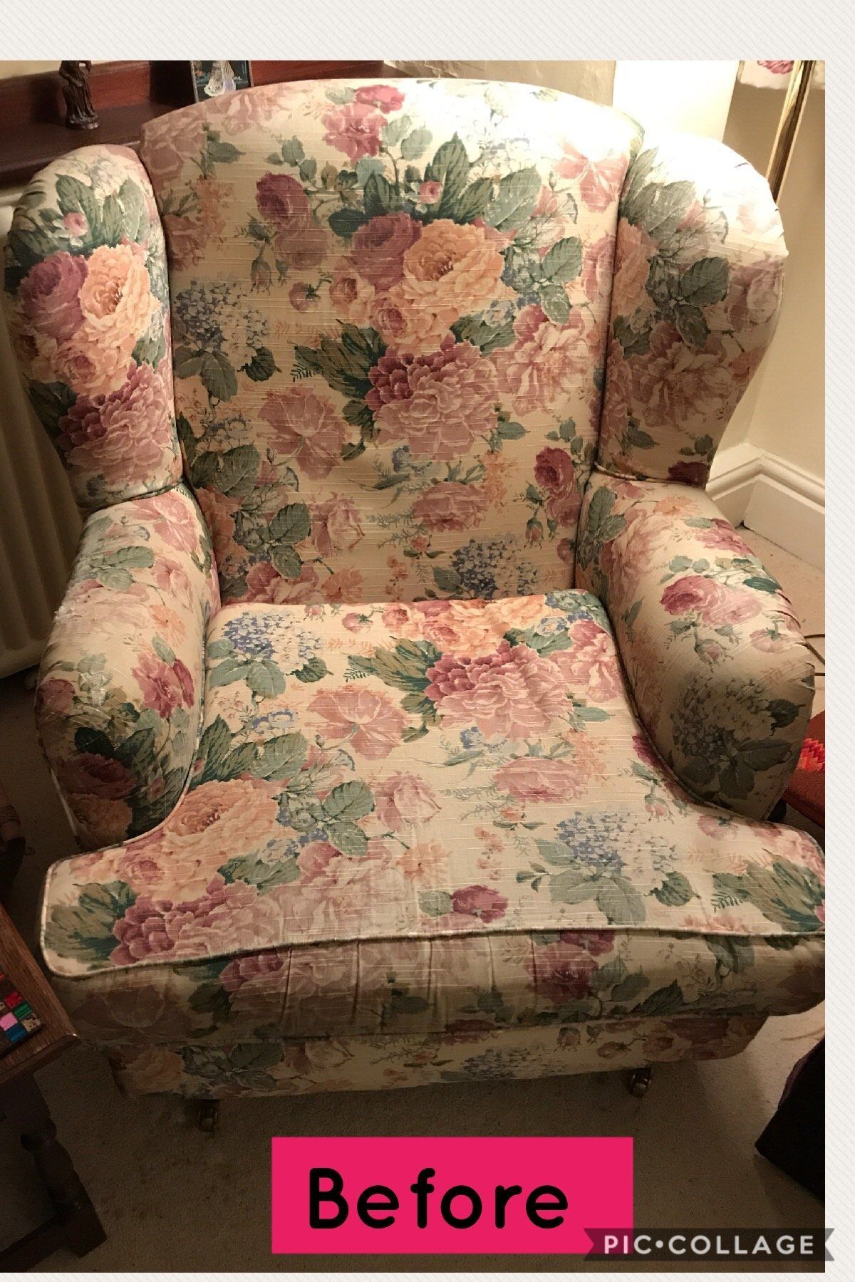 Armchair with outdated floral upholstery