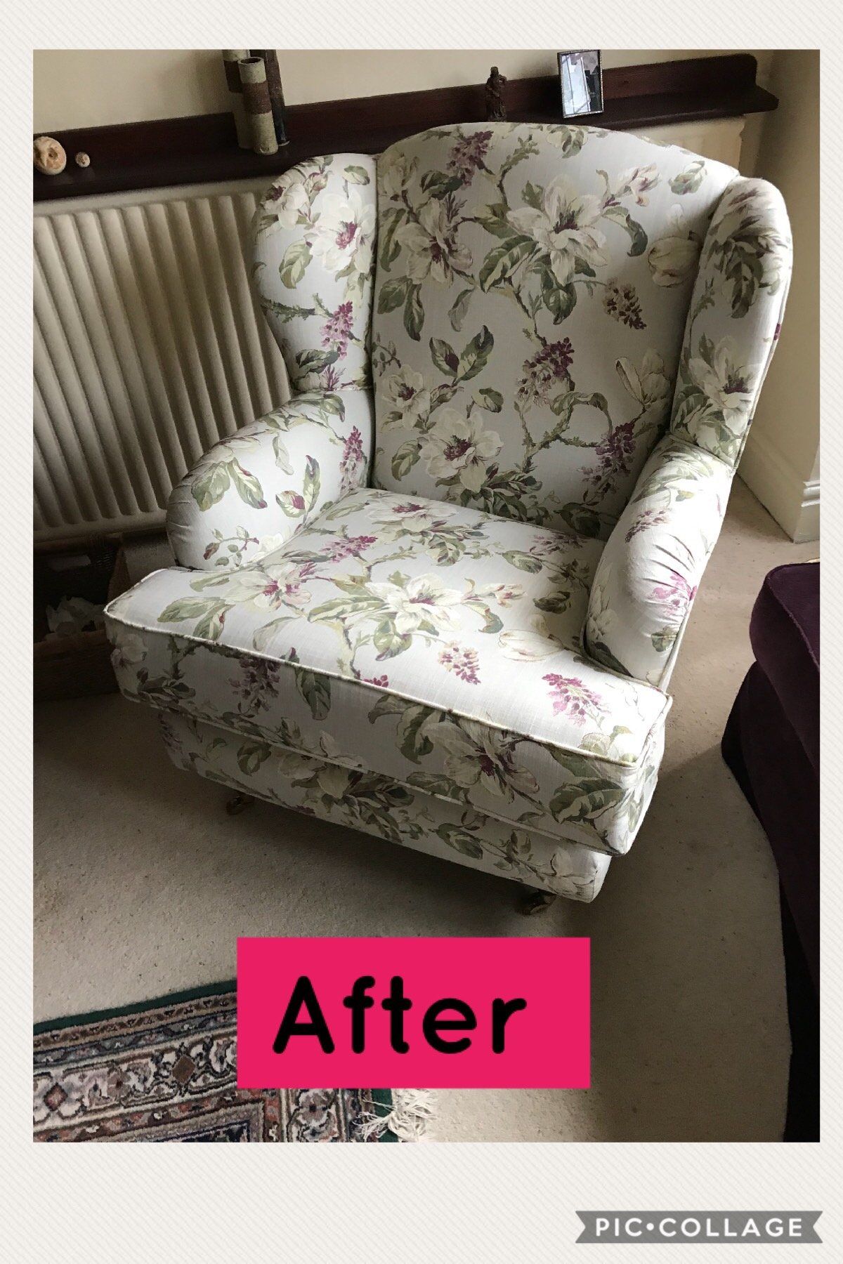 An armchair with modern floral upholstery