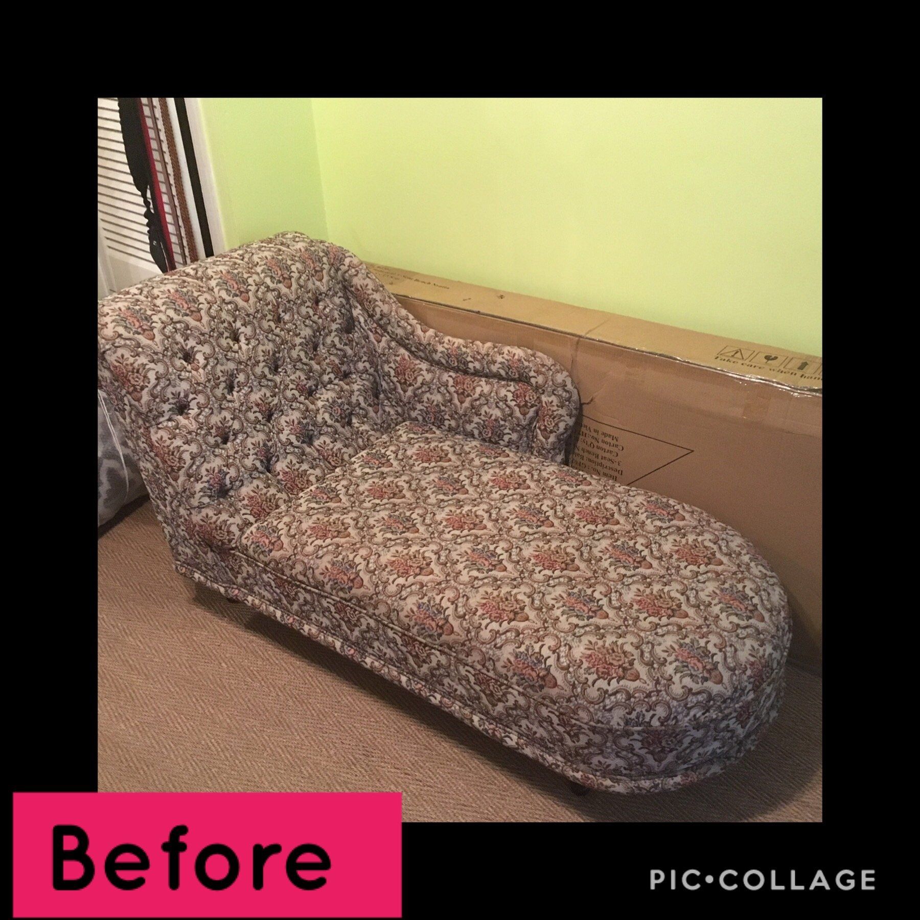 Patterned chaise lounge in a corner next to a green wall