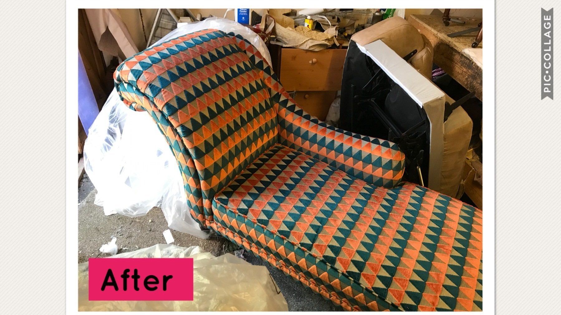 Orange and blue patterned chaise lounge