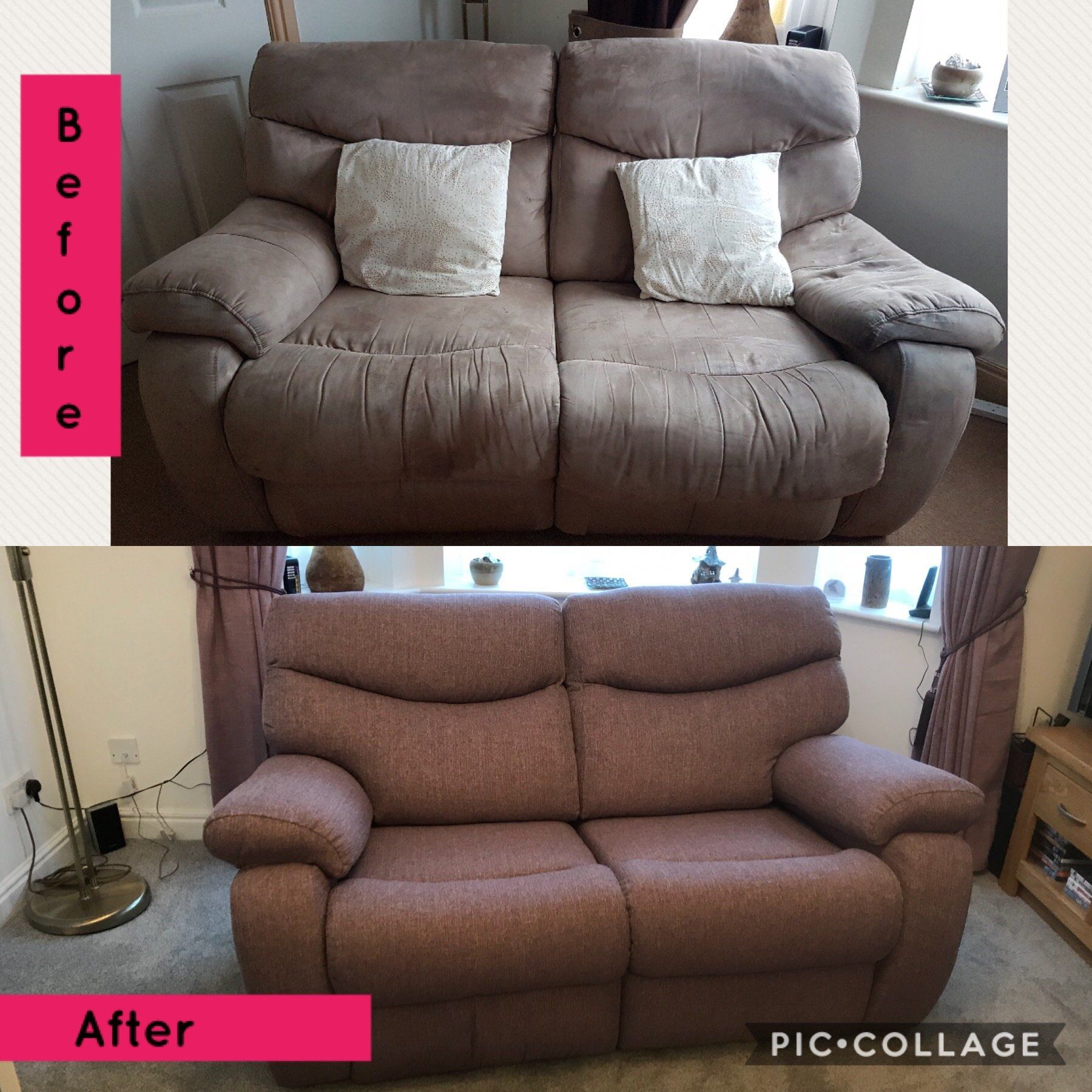 Before and after of a sofa that's been re-upholstered
