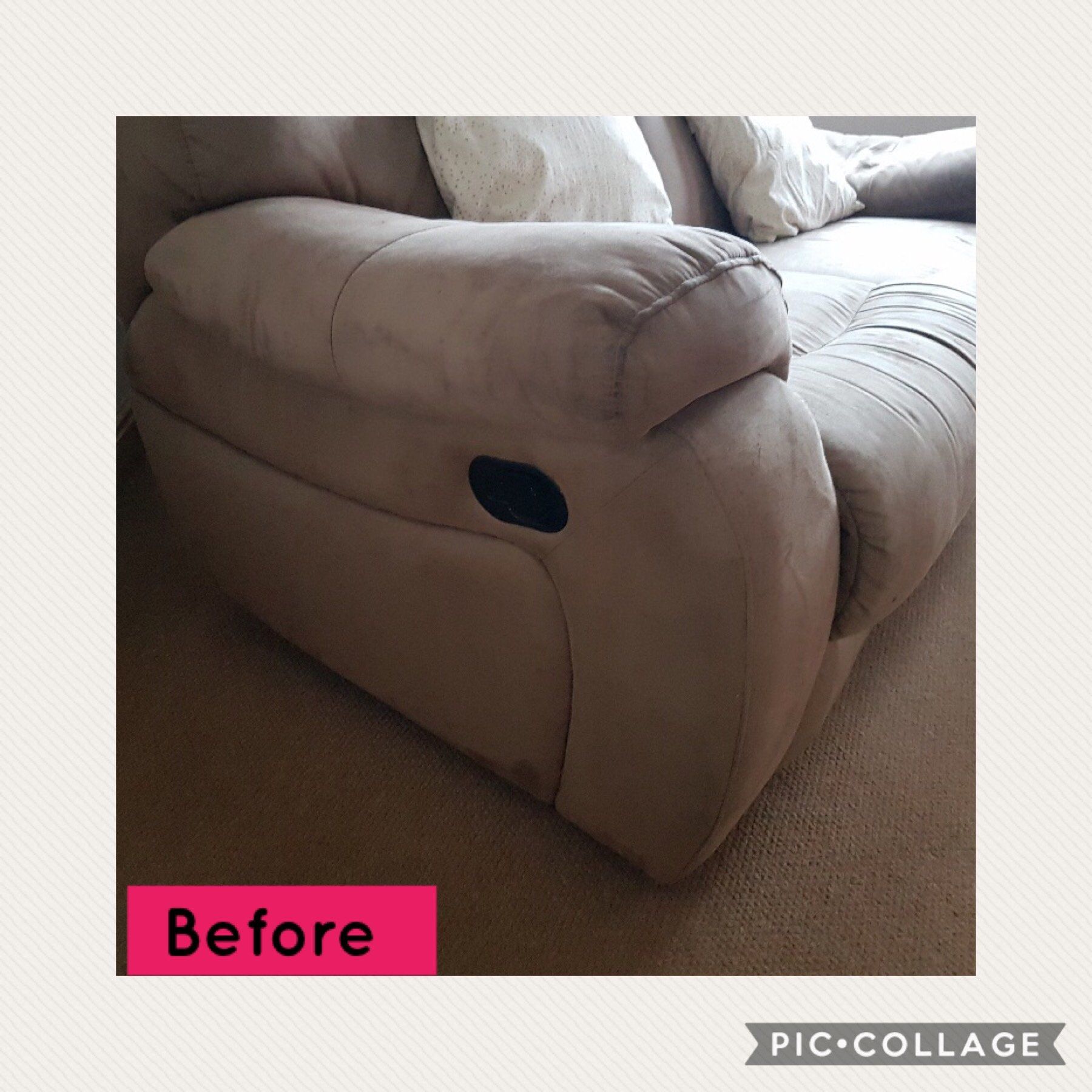 Close up of the arm of a light coloured sofa