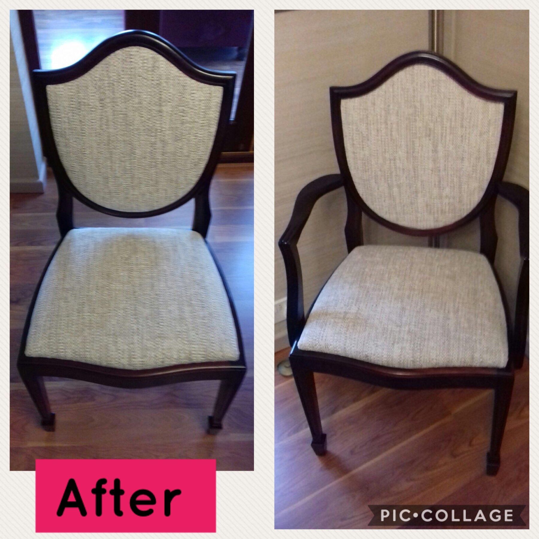 Two wooden chairs with light coloured upholstery