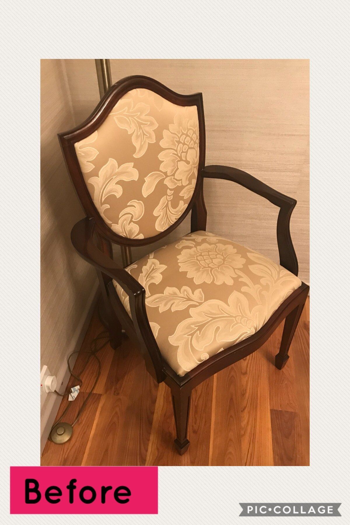 Wooden chair with shiny gold floral upholstery