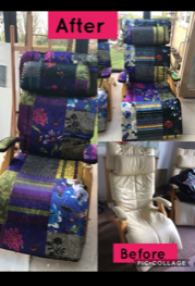 Before and after images of re-upholstered chair