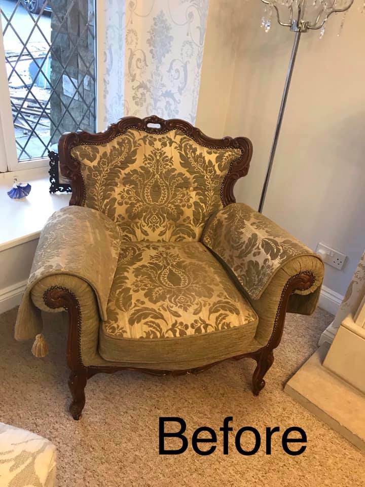 Wooden armchair with baroque golden fabric